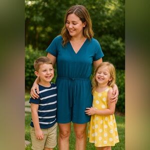 NWT Cupshe women’s size Medium Turquoise Summer Romper with drawstring waist.